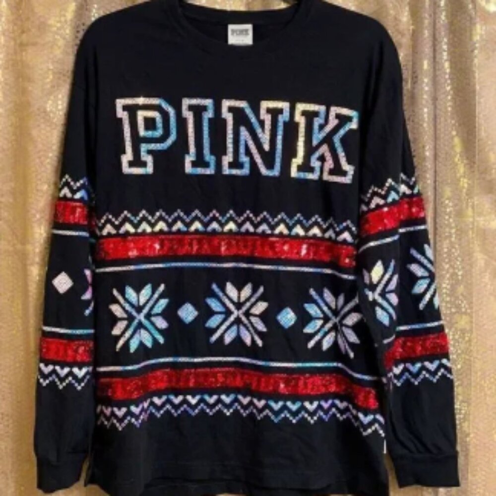 Victoria’s Secret PINK holiday sequin bling long sleeve campus shirt, size S